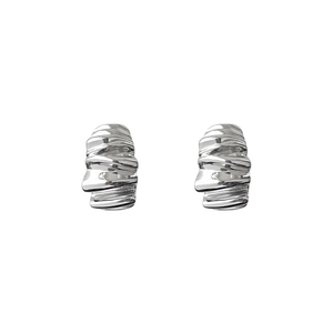 Irregular C-shaped earrings with liquid metal texture and wrinkled silver finish