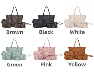 Dettaglio set borse da quattro pezzi con borsa shopping e tracolla in sei vari colori