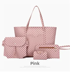 Dettaglio del set di 4 borse rosa con borsa shopper e borsa a tracolla con stampa logo