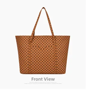 Vista frontale della borsa tote capiente marrone arancio con stampa geometrica nera