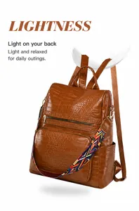 Detail of lightweight 0.39KG brown crocodile texture backpack with ethnic straps