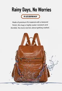 Water-resistant brown PU leather backpack with crocodile texture and geometric strap