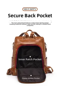 Detail of anti-theft back zipper opening and internal pockets on brown crocodile texture backpack