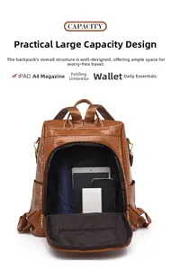 Interior view of brown crocodile texture backpack showing capacity for iPad and umbrella