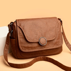 Vintage PU Leather Crossbody Bag Soft Litchi Texture Flap Shoulder Handbag With Round Metal Buckle For Women