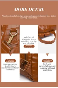 Detail of brown crocodile pattern backpack showing gold hooks and reinforced stitching