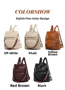 Detailed view of five colorful PU leather anti-theft backpacks with geometric woven straps