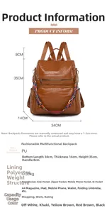 Detailed size chart for yellow-brown crocodile texture PU leather backpack with dimensions