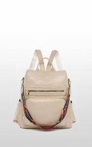 Detail of off-white PU leather backpack with crocodile texture and woven strap