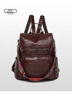 Detail of reddish brown PU leather backpack with crocodile pattern and woven strap