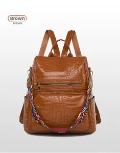 Close-up of brown crocodile pattern backpack with detachable colorful shoulder strap