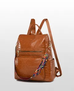Macro side view of caramel brown crocodile embossed faux leather backpack with straps