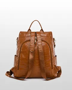 Rear view of brown faux leather backpack featuring crocodile texture and anti-theft zipper pocket