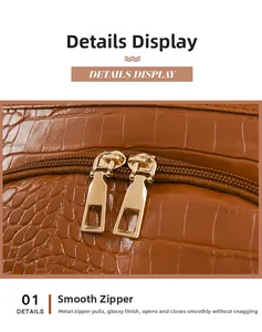 Close-up of smooth dual golden metal zippers on crocodile pattern leather backpack