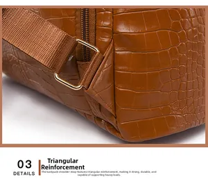 Detail of triangular reinforcement and crocodile texture on brown anti-theft backpack