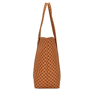 Grande borsa shopper marrone con stampe vintage e manici lunghi in pelle sintetica
