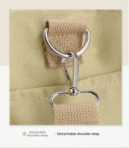 Macro shot of silver metal D-ring and spring clip on high-density canvas shoulder bag