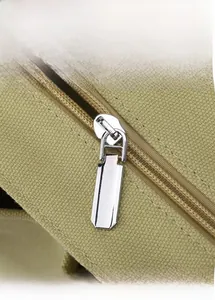 Detailed close-up of high-quality canvas texture and smooth silver metal zipper on bag