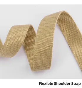 Detail of khaki woven shoulder strap showing durable texture and flexible material
