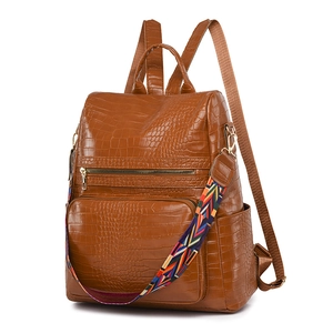 Brown faux leather anti-theft backpack for women with colorful ethnic style strap