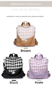 Detailed comparison of quilted backpacks in brown, black, and purple stylish colors