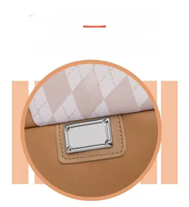 Detail of color-block backpack with premium silver buckle and diamond pattern flap