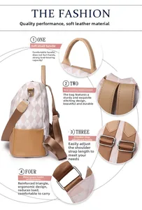 Detail of adjustable straps and reinforced stitching on the diamond pattern backpack