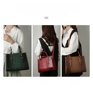 Detailed views of crocodile pattern tote bag in green, wine red, and tan colors