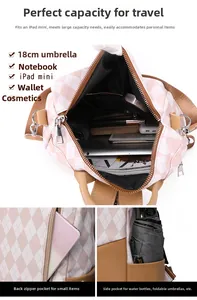 Detail view of large capacity interior and anti-theft pockets of the check backpack