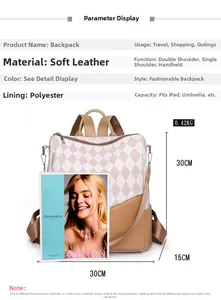 Detail view of contrast color quilted backpack with 30x15x30cm dimensions and features