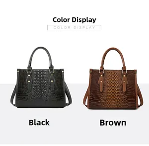 Side-by-side view of black and brown crocodile-embossed tote bags with dual handles