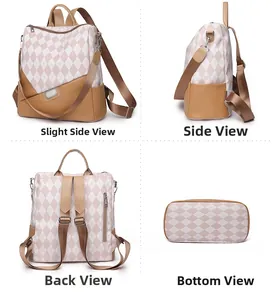 Multi-angle views of a color-block backpack including side, back and bottom details