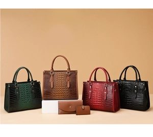 Croc-effect handbag set with tote, wallet, and card holder in four colors