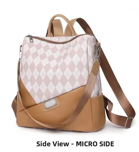Detail view showing a stylish color-block backpack with quilted patterns and faux leather finish
