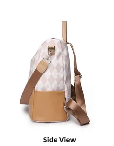 Side view of beige quilted waterproof backpack with brown adjustable straps