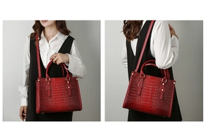 Dual-view of red crocodile pattern handbag with golden rivets and adjustable strap