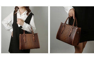 Detail of brown crocodile pattern handbag showing rich leather texture and metallic hardware