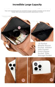 Detail view of large capacity interior compartments and pockets in brown PU backpack