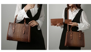 Three-piece brown croc-embossed set with tote bag, envelope wallet, and card holder