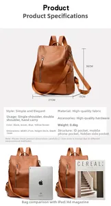 Size comparison of yellow-brown leather backpack with iPad and A4 magazine dimensions