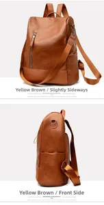 Detail view of the yellow-brown leather backpack with adjustable straps and zippered pocket