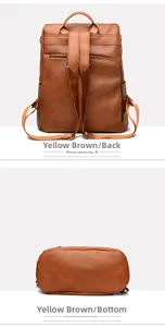 Detail view of the back and bottom of tan faux leather backpack with pebble texture