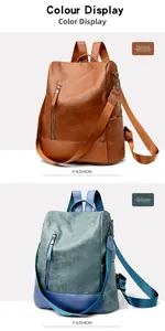Detail view of large capacity fashion backpacks in blue and brown with pebbled texture