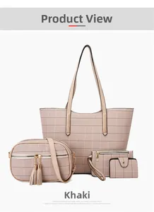Détail du lot de 4 sacs à carreaux kaki avec cabas, sac bandoulière, pochette et portefeuille