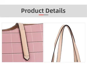 Détail du sac à main à carreaux roses avec poignée en cuir beige et boucle en métal doré