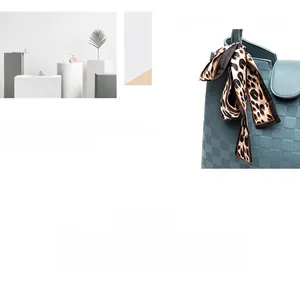 Détail du sac à main bleu avec gaufrage en damier et foulard léopard sur la poignée