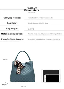 Sac à main bleu à carreaux avec foulard léopard et dimensions précises du produit