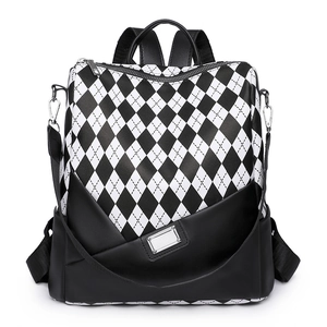 Fashion Women PU Leather Backpack Argyle Harlequin Check Pattern Waterproof Anti-Theft Travel Multi-Way School Bag