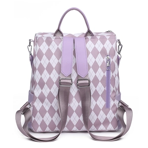 Waterproof argyle backpack in lavender and white with adjustable straps and metal zippers