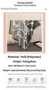 Polyester silk square scarf details with floral print and 90x90cm size specifications